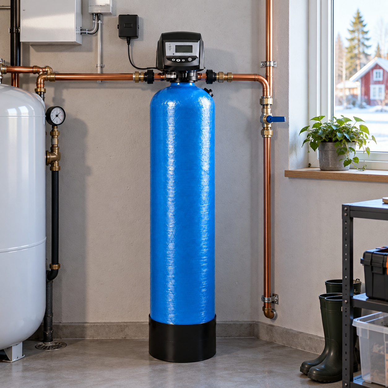 Järnfilter och manganfilter installerat i teknikrum för brunnsvatten