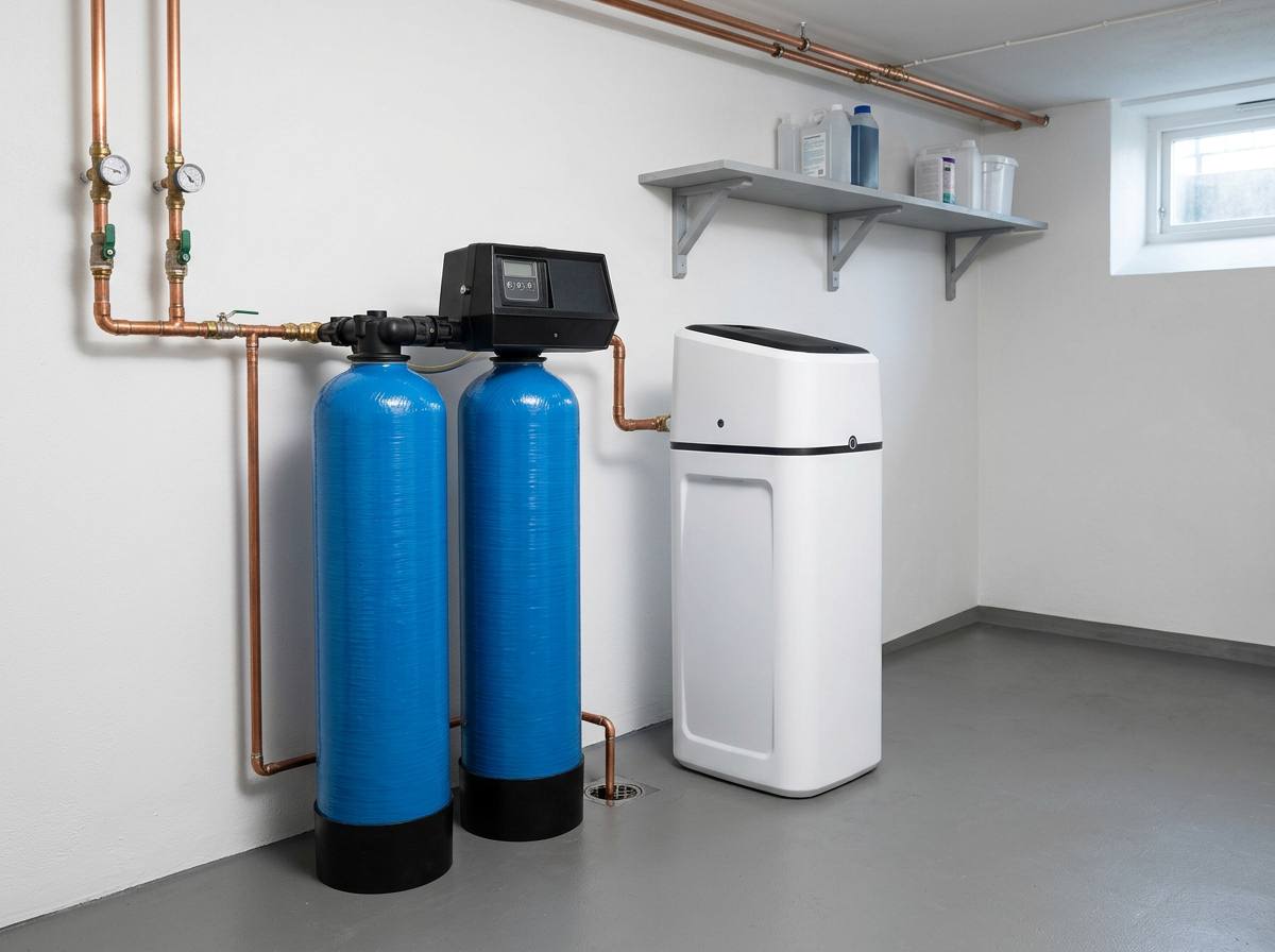 Multifilter med flera tankar och kopparrör i källarutrymme